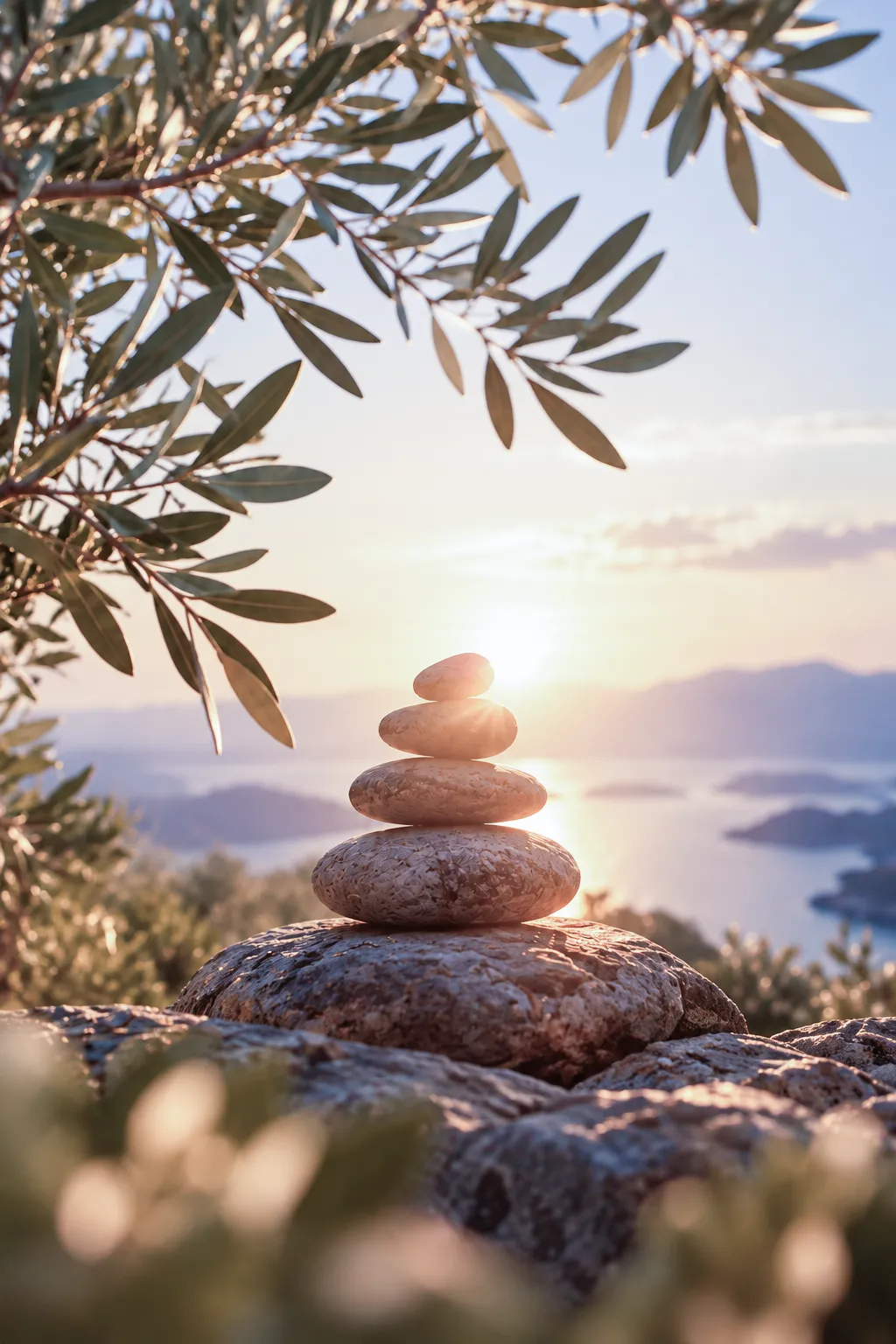 Stacked stones on a rock under olive branches, overlooking the sea at golden hour